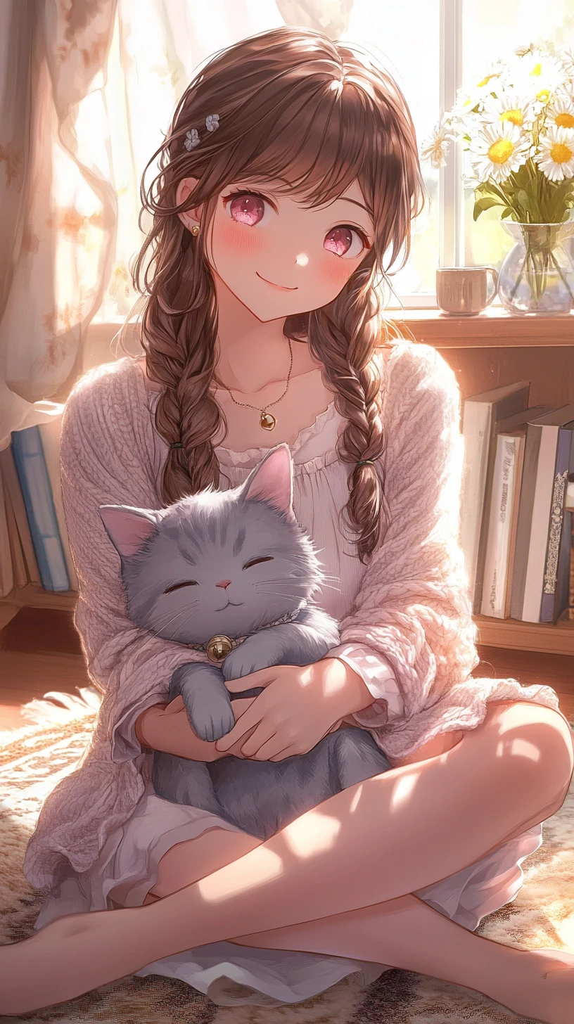 Chica anime relajándose con peluche de gato sobre una alfombra acogedora