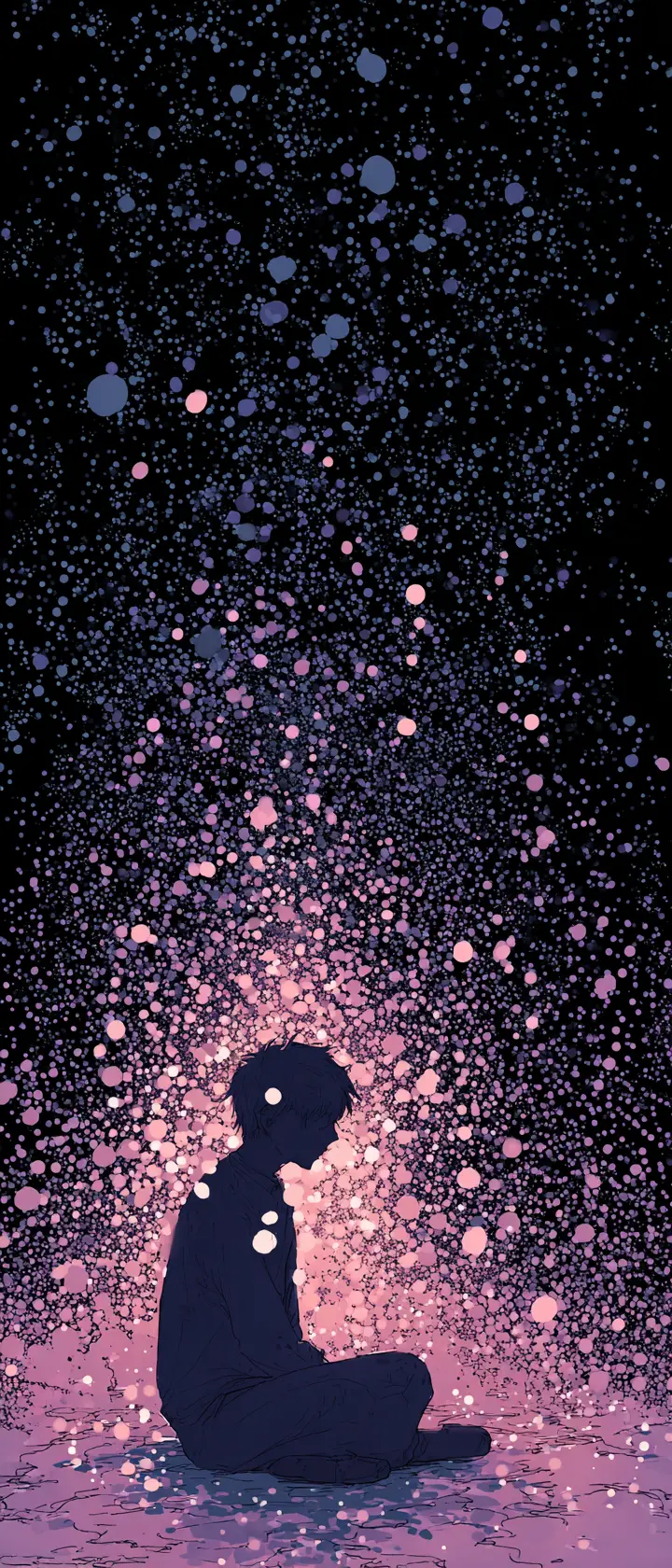Teenage boy dissolving into drifting dots in darkness