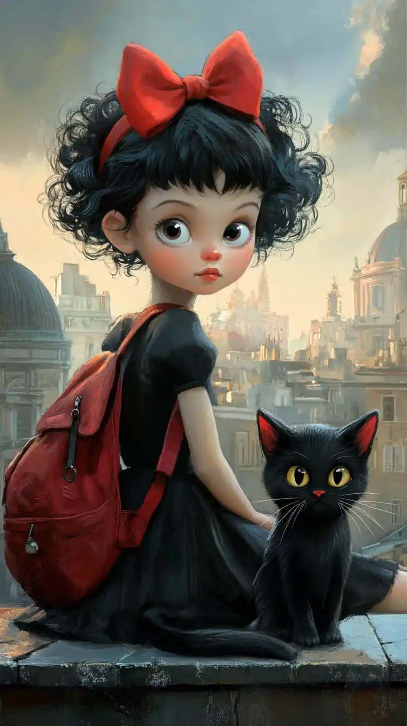 Girl with red backpack and cat on a city rooftop