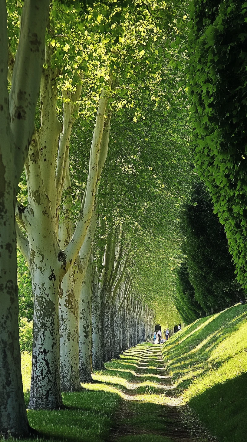 Viale alberato al sole con persone che passeggiano