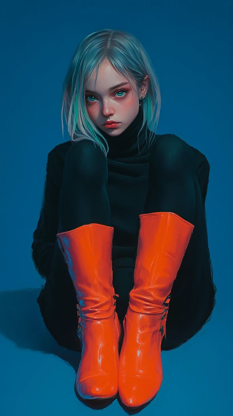 Pensive girl in black turtleneck with bright orange boots