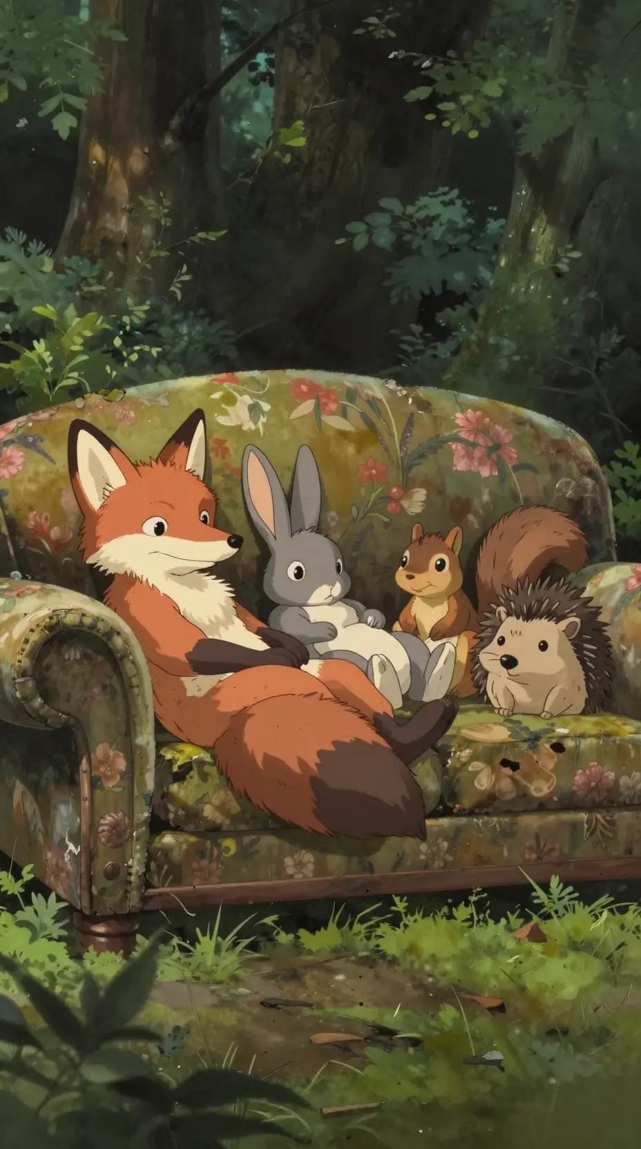 Forest animals resting on an old couch in nature