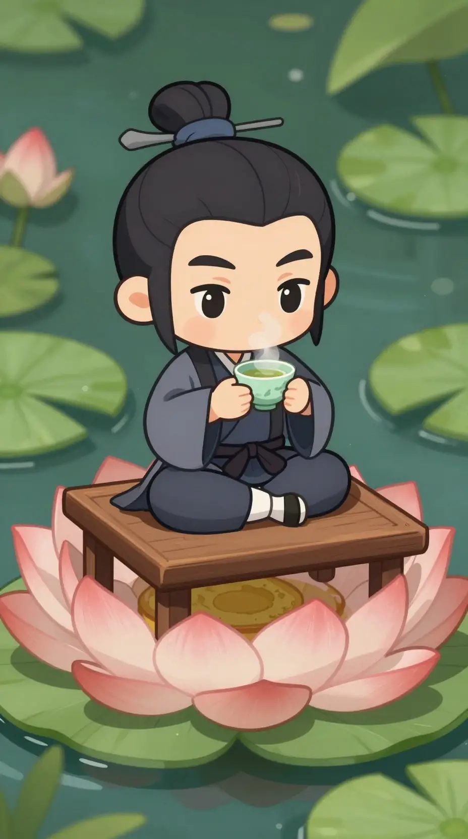Samurai chibi che beve tè su una gigantesca ninfea