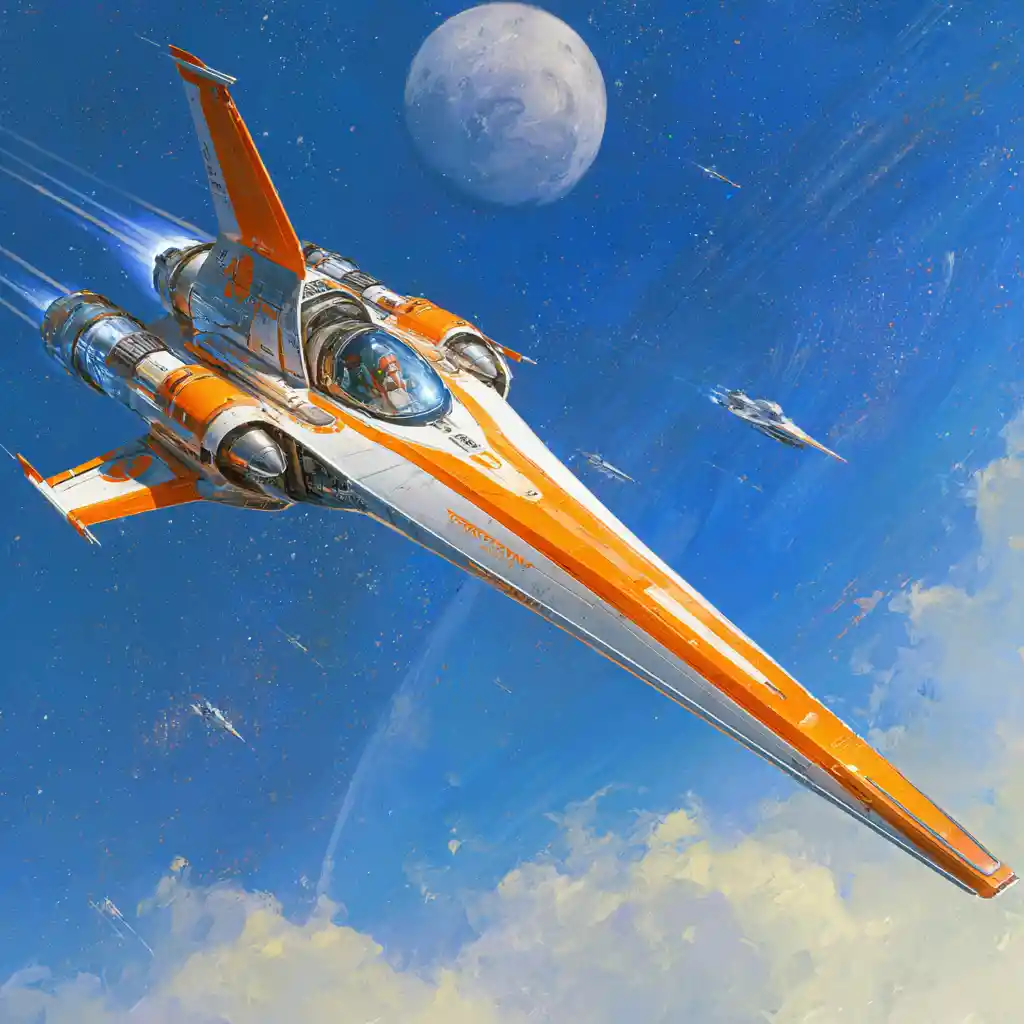 Futuristic attack fighter spaceship racing through outer space