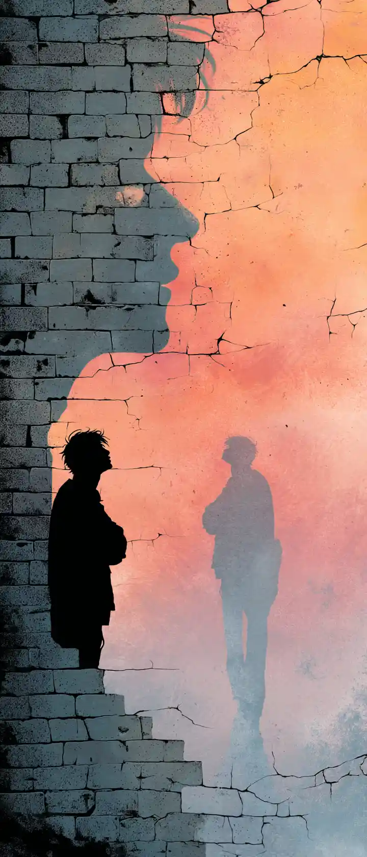 Sagoma di adolescente all’alba contro un muro di mattoni crepato