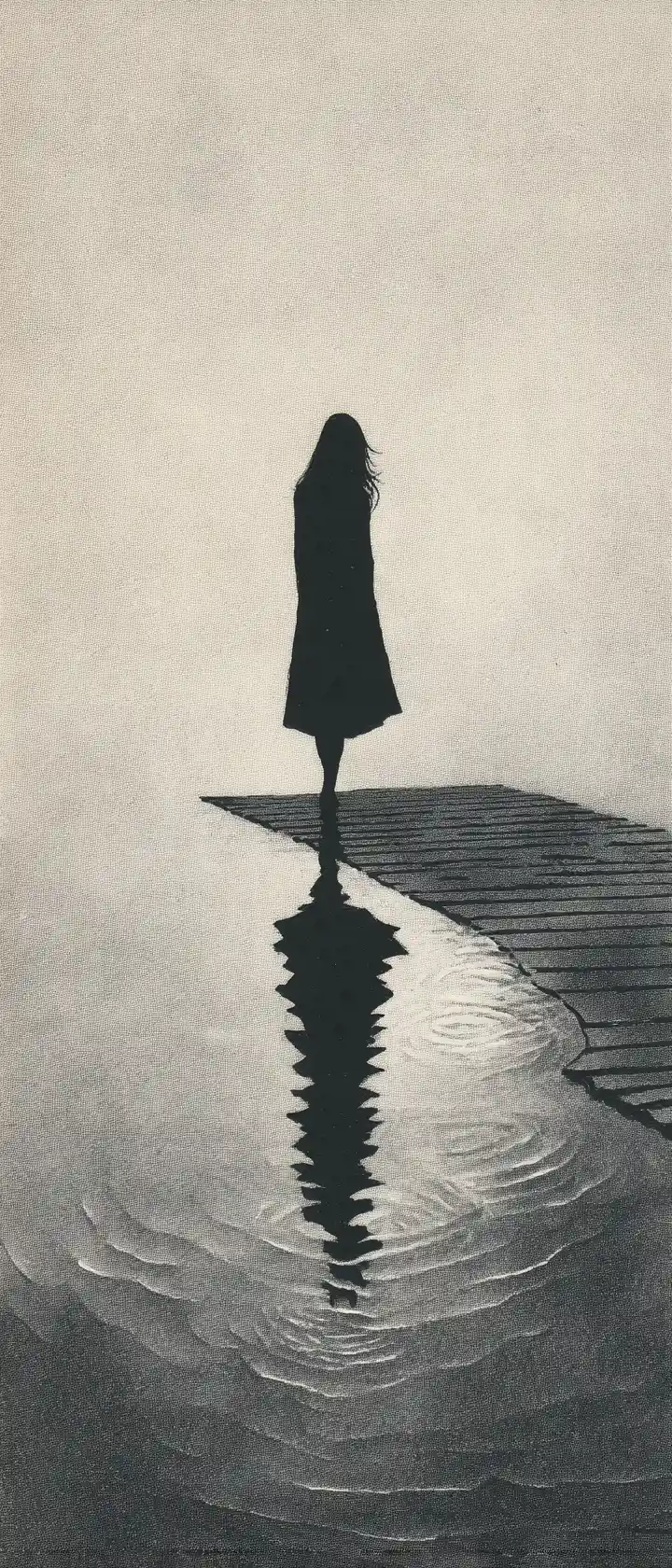 Girl silhouette on misty pier at quiet twilight
