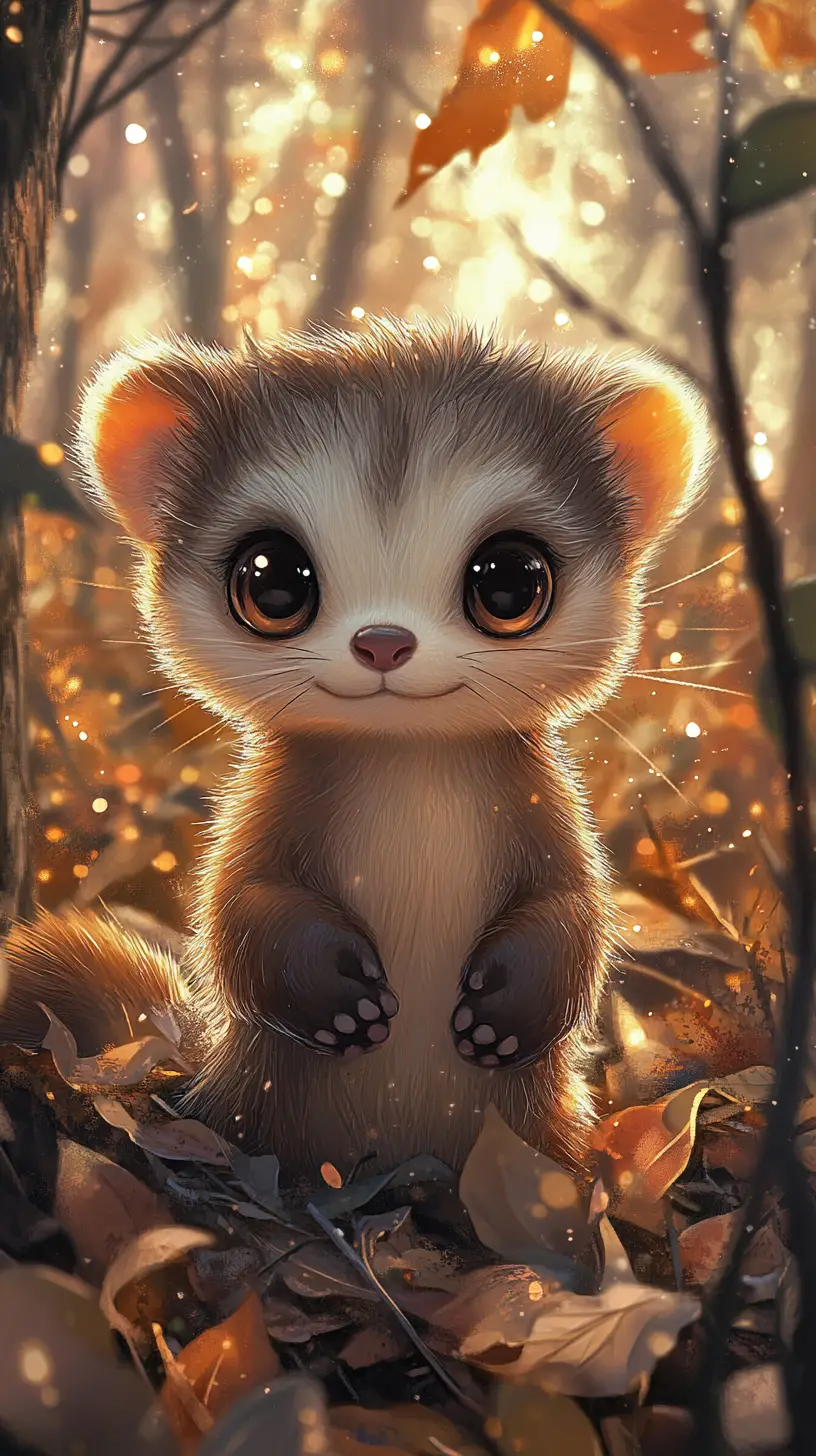 Niedliches Chibi-Frettchen erkundet einen blätterbedeckten Dämmerwald