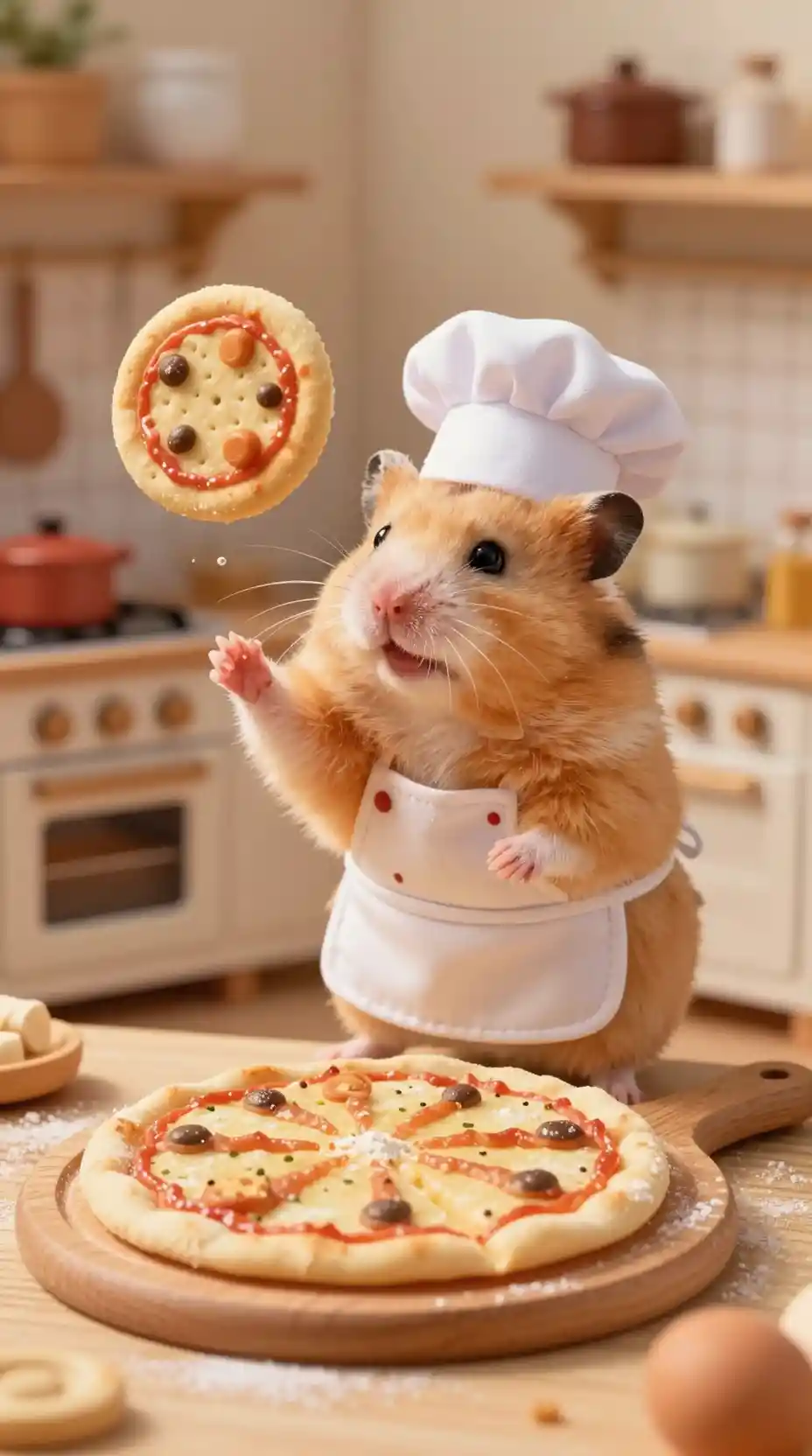 Adorable hamster nain chef lançant une minuscule pâte à pizza
