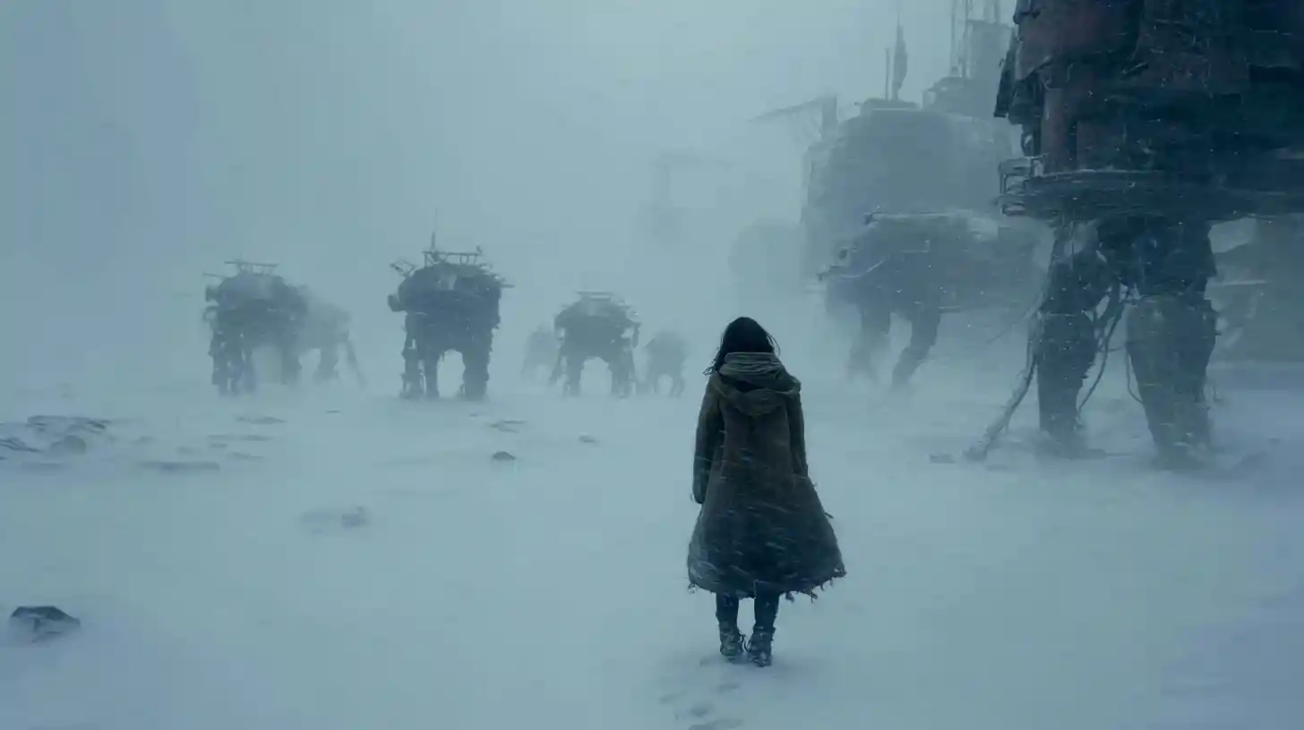 Lone Hooded Woman On Desolate Snow Covered Planet
