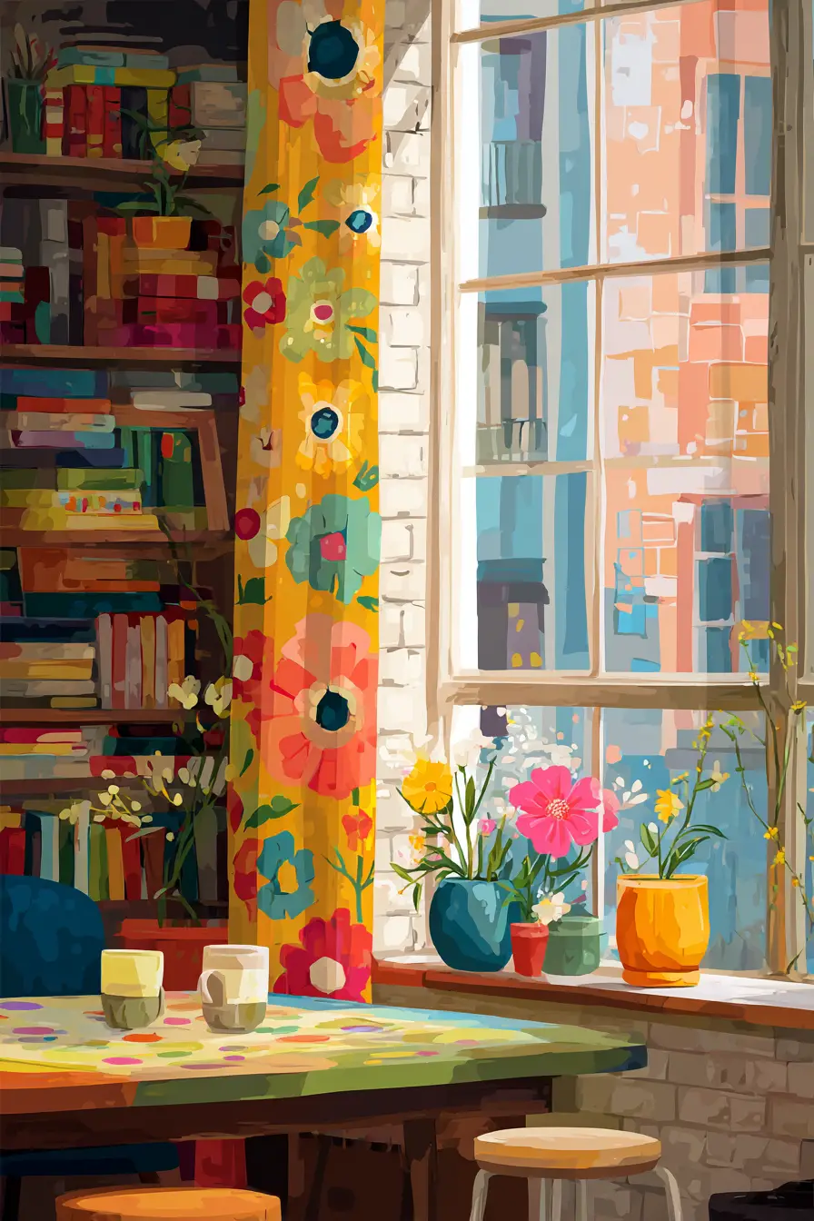 Interior de loft aconchegante em arte folclórica com grande janela clara