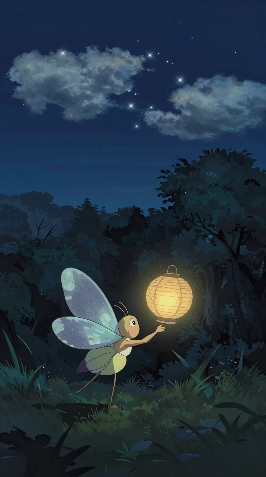 Moonlit firefly carrying a glowing paper lantern