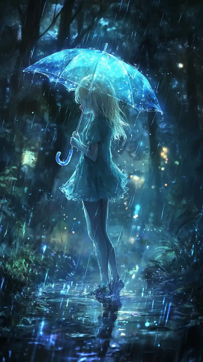 Anime girl with glowing umbrella in magical forest