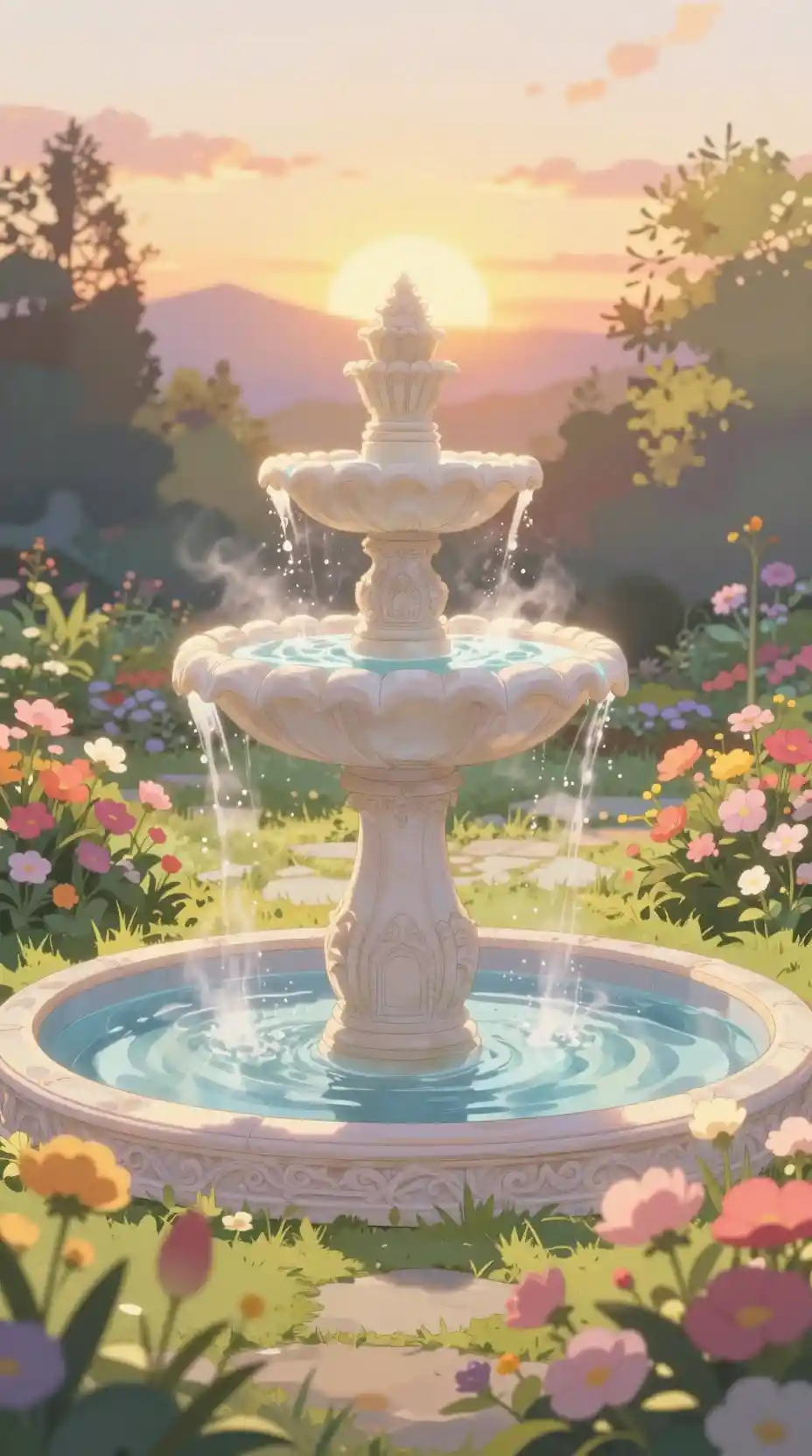 Fontana da giardino in stile anime al tramonto circondata da fiori pastello