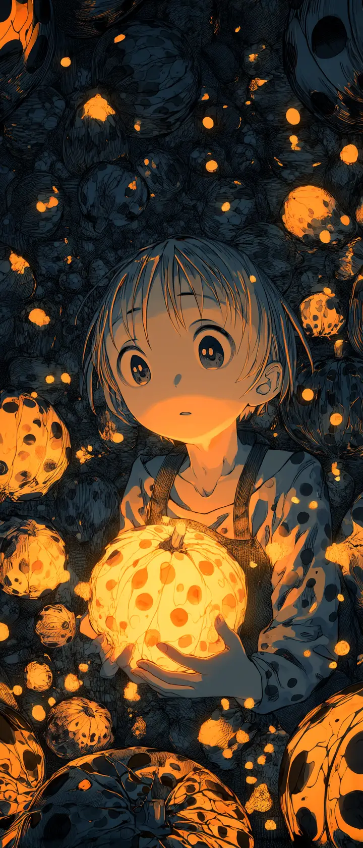Anime-Kind schwebt in einem spiegelnden Raum voller leuchtender Kürbisse