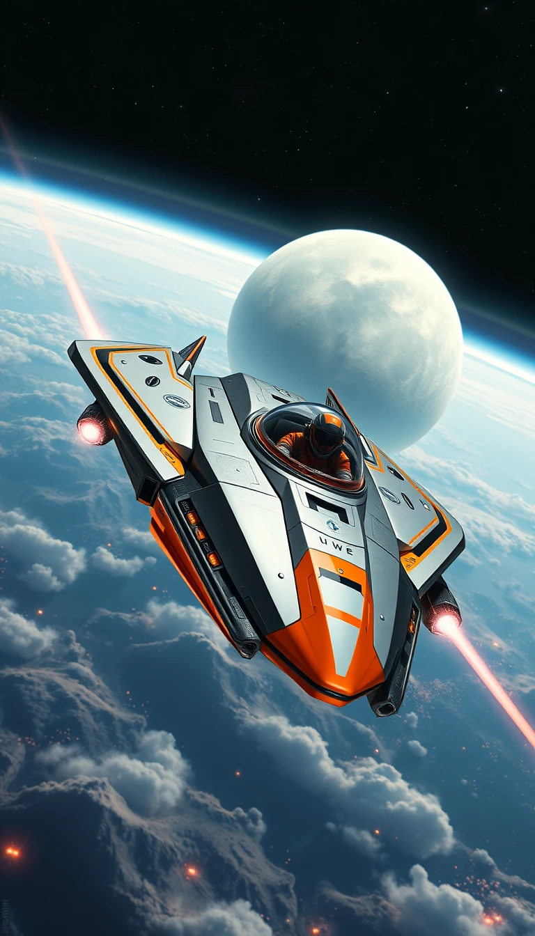Futuristic attack spacecraft racing through the solar system