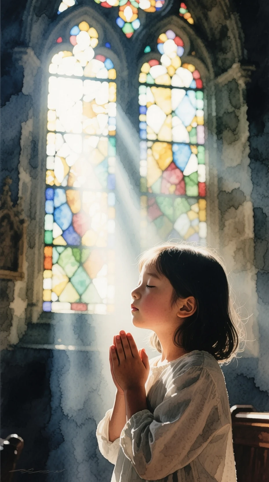 Bambino piccolo che prega nell’interno di una chiesa con drammatica controluce