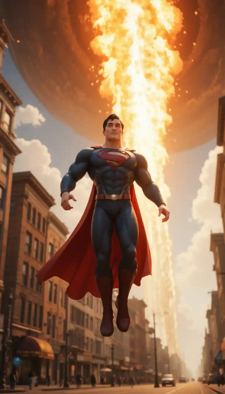 Super-héros 3D volant vers une météorite en flammes au-dessus d’une rue de la ville