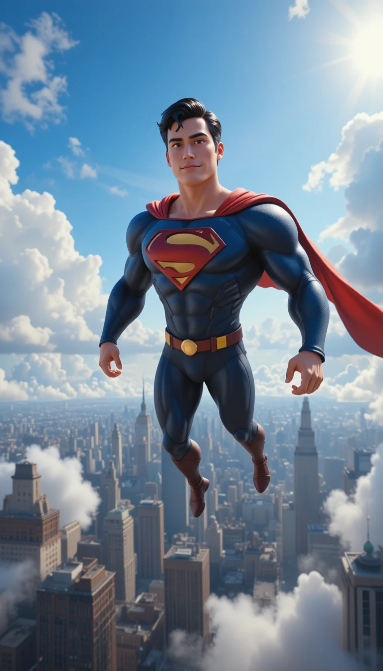 Super-herói 3D voando sobre um horizonte urbano iluminado