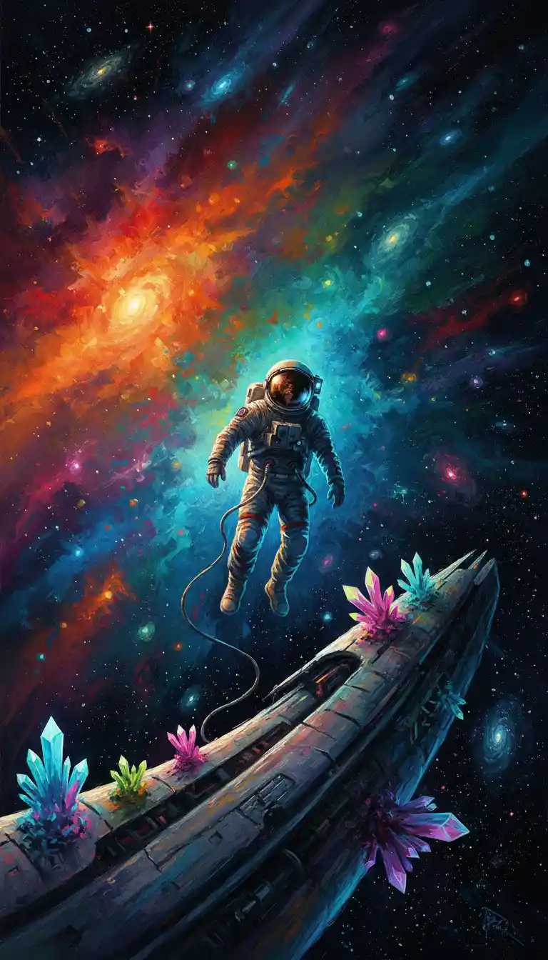 Astronauta solitario legato a un relitto alieno in una vivida nebulosa