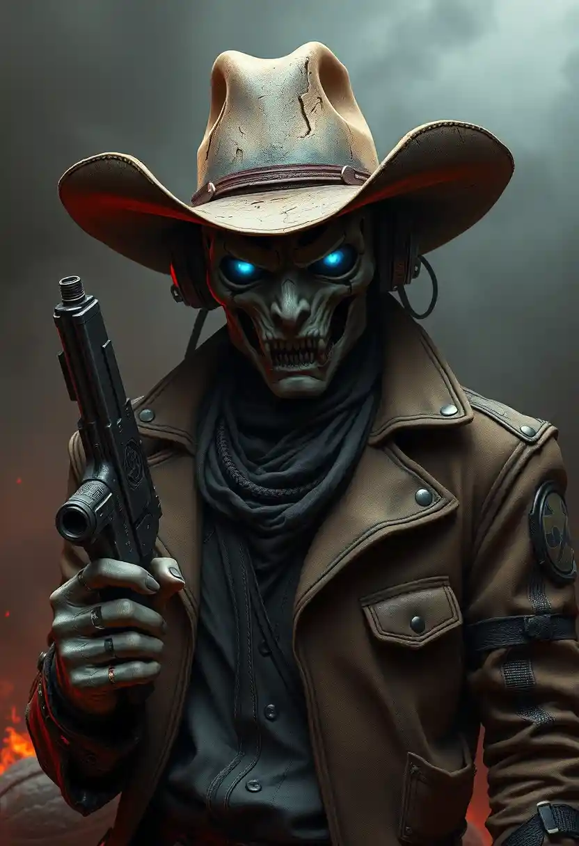 Cowboy cibernetico con pistola in una scena infernale e fumosa
