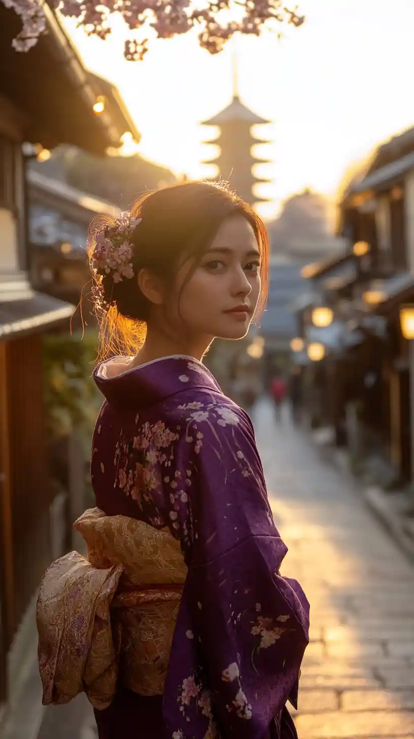 Woman in purple kimono walking down old Kyoto street
