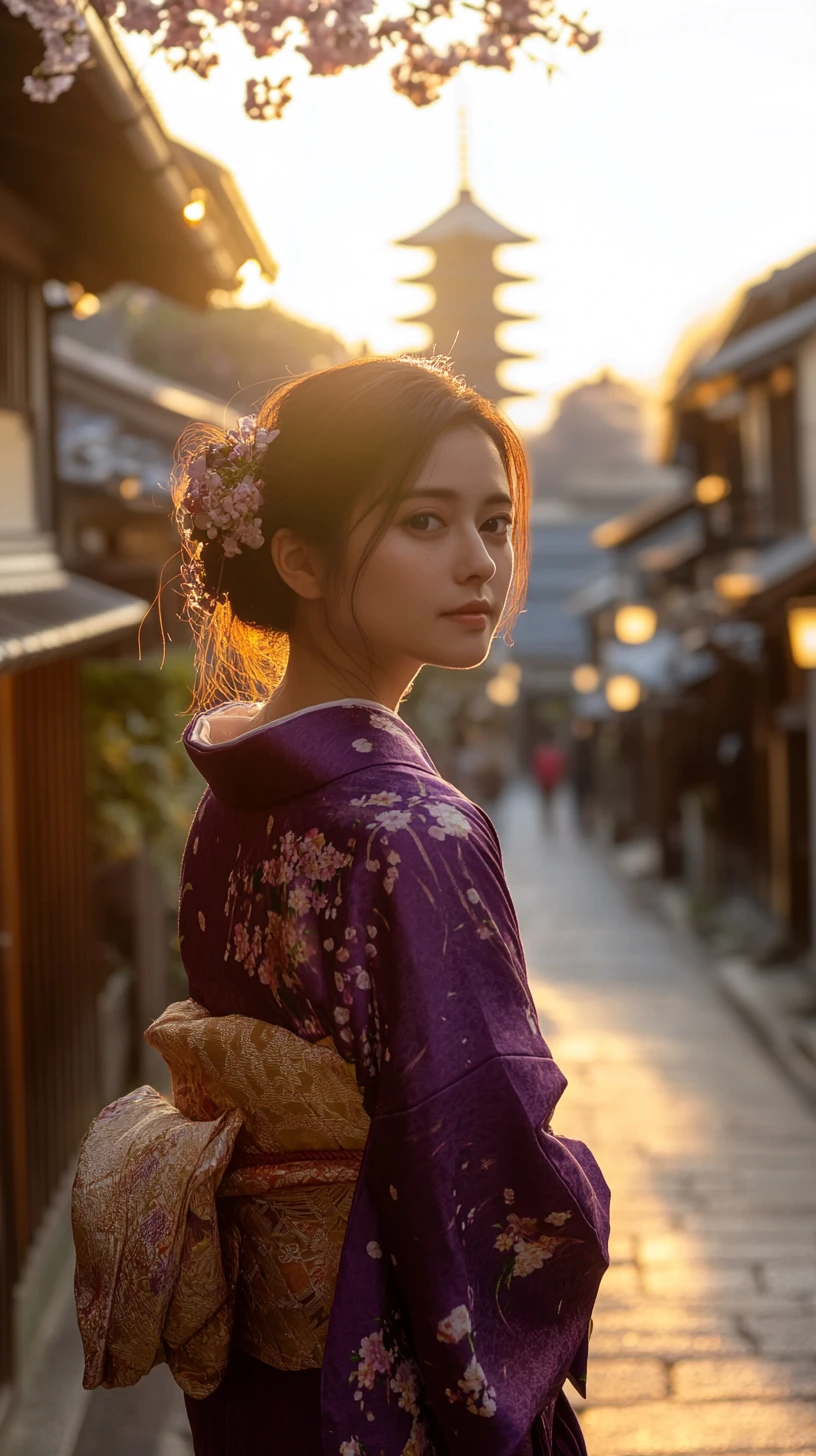 Woman in purple kimono walking down old Kyoto street
