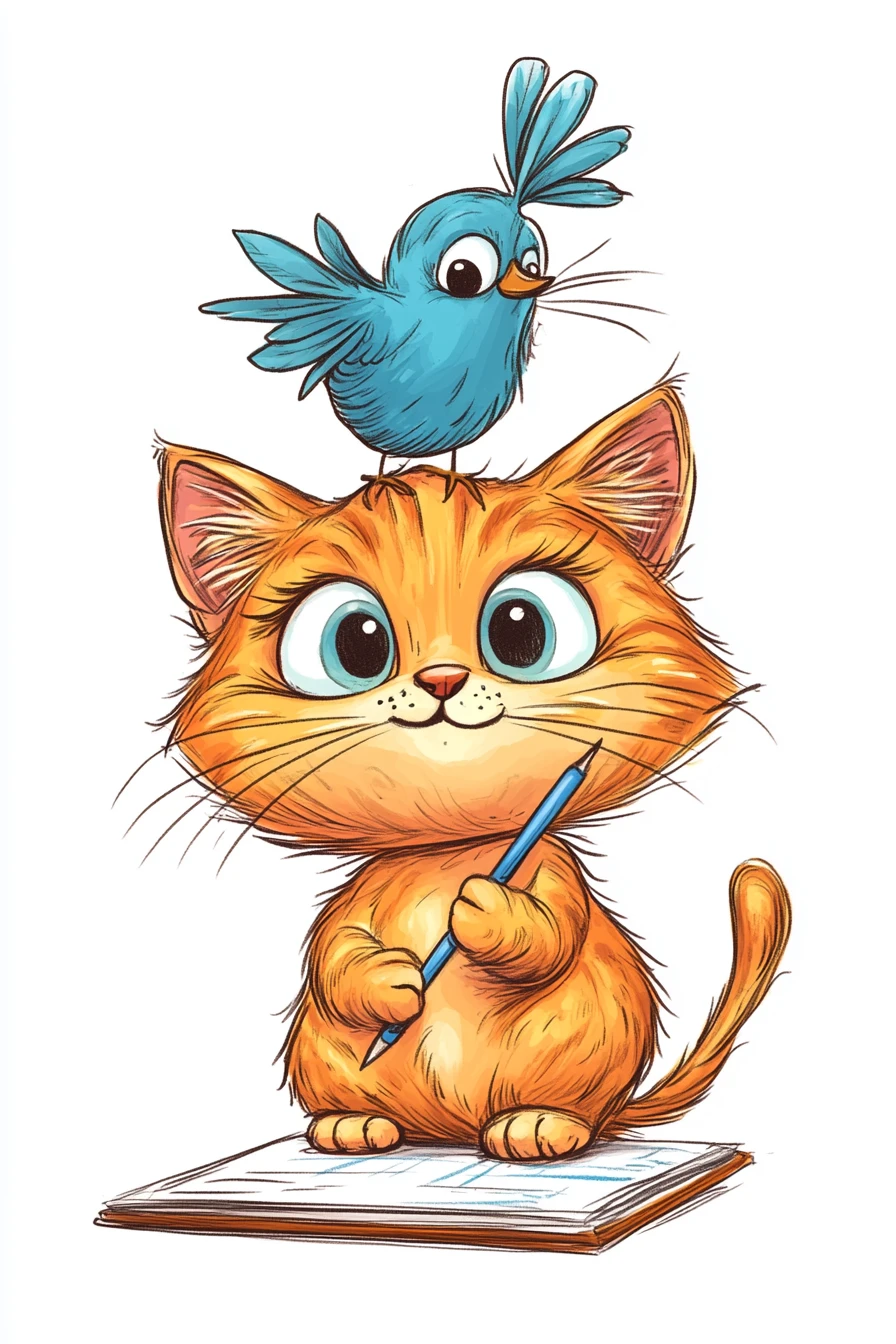 Chat Orange Cartoon Écrivant des Notes avec un Oiseau Tropical