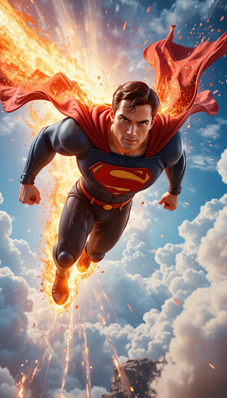 Super-herói 3D avança em direção a meteoro em chamas no céu claro