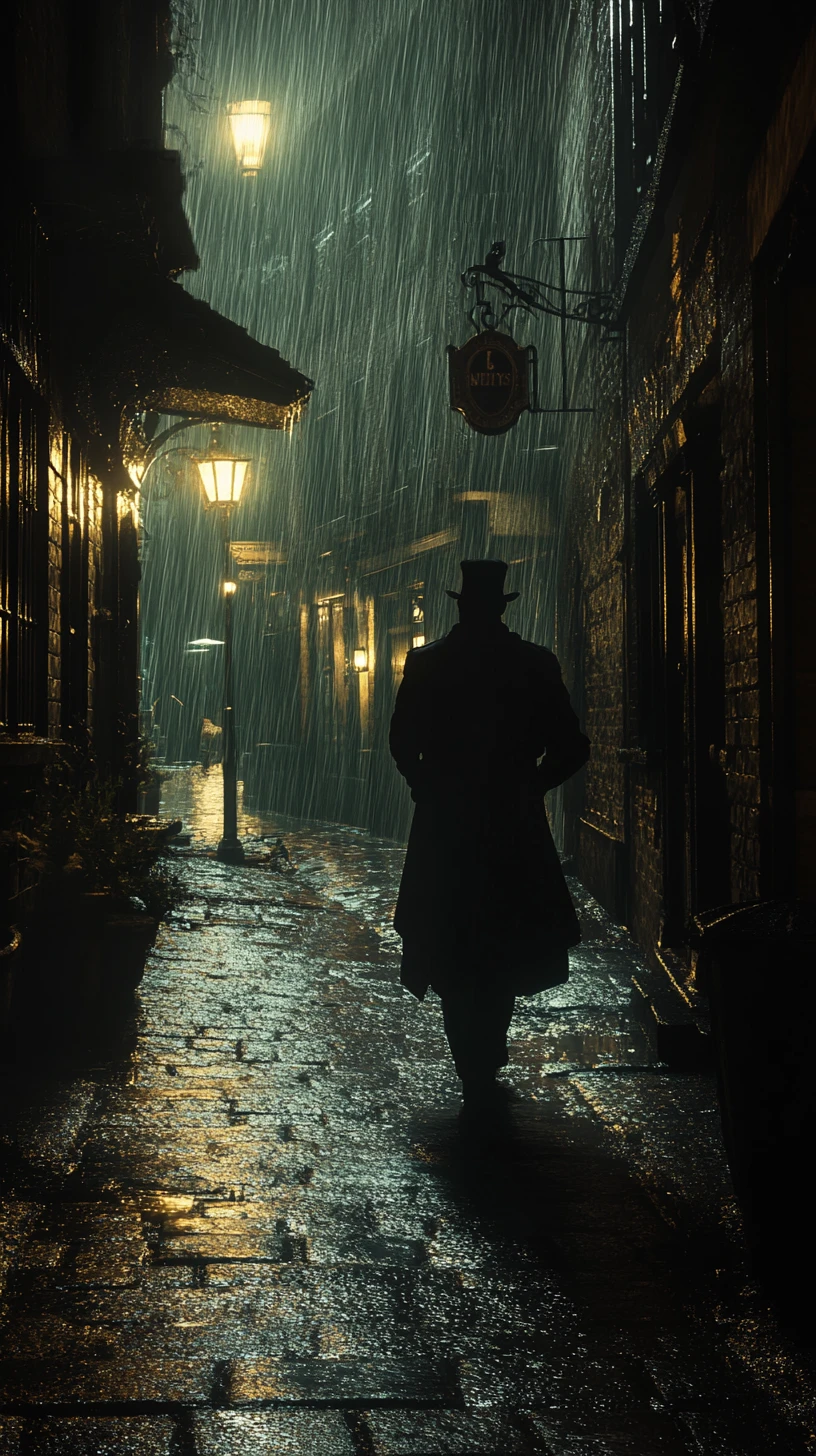 Silhouette sombre dans une ruelle pluvieuse du Londres victorien