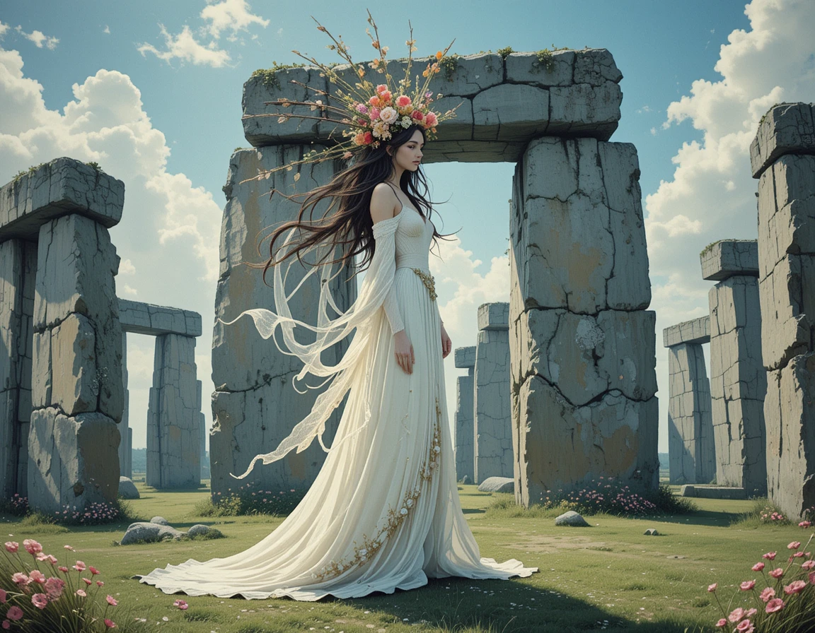 Mystical witch in white gown within ancient stone circle