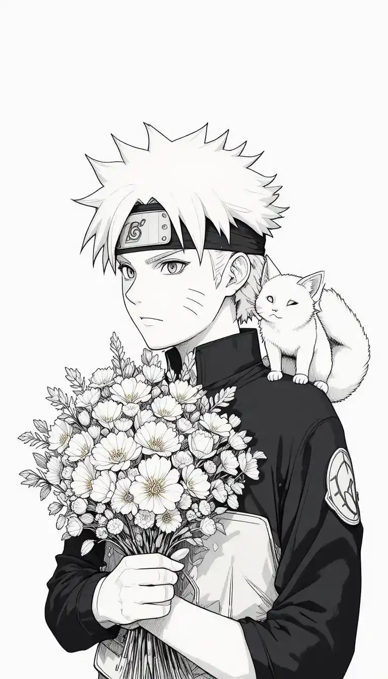 Chico de anime con flores y pequeño zorro compañero