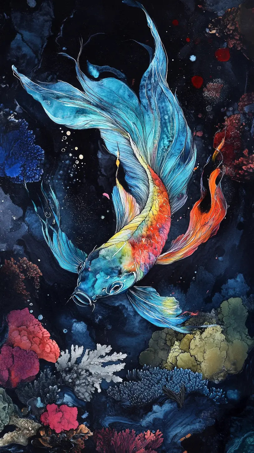 黑暗海底珊瑚場景中的超現實抽象魚