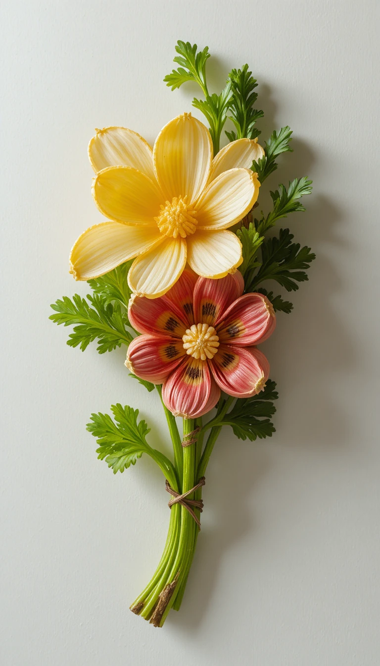 Scultura di bouquet di frutta 3D su sfondo bianco pulito