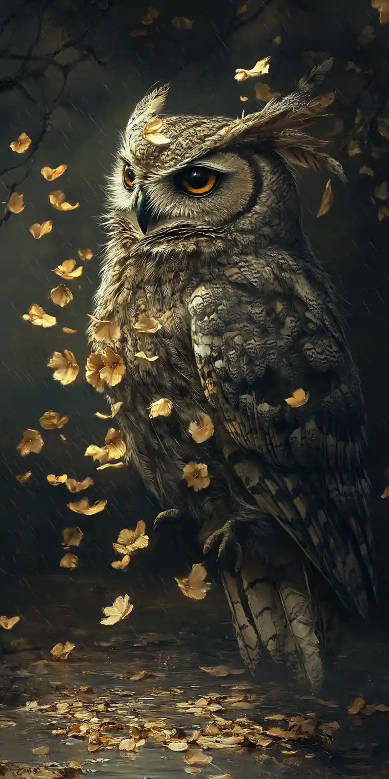 Wilted owl dropping feathers that bloom into water flowers