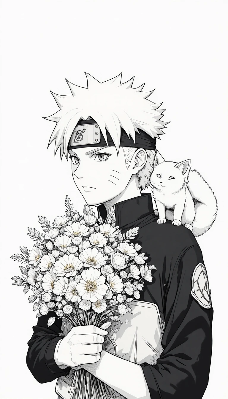 手捧花束的動漫少年與小狐狸夥伴