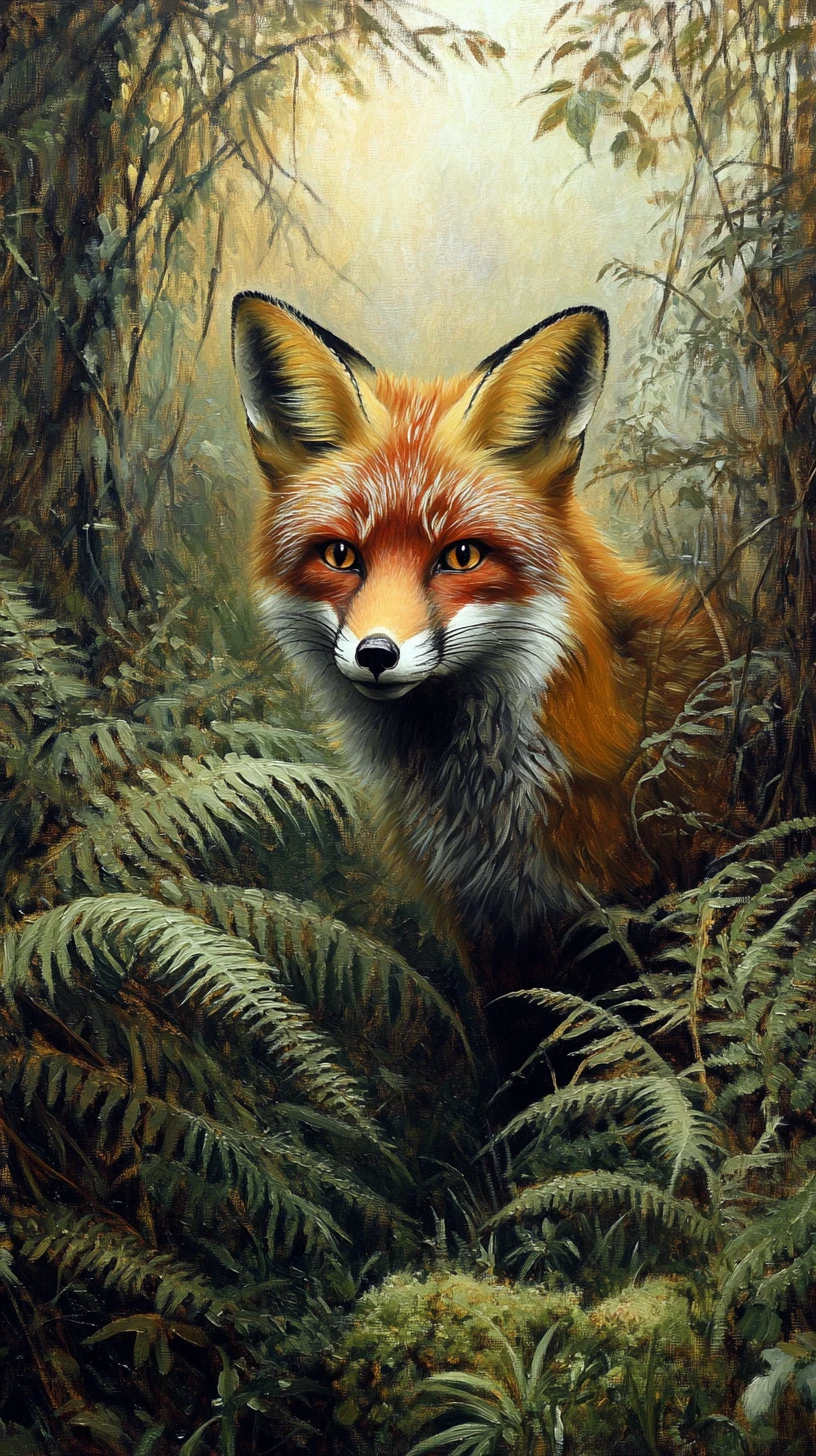 Raposa-vermelha surgindo entre samambaias em uma floresta enevoada – pintura