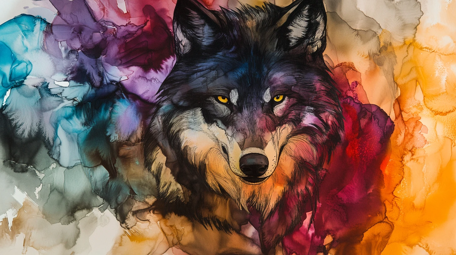 Arte abstrata de lobo em tinta com energia misteriosa e dramática