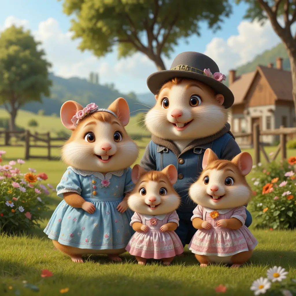 Famille de hamsters heureuse dans une paisible scène de campagne