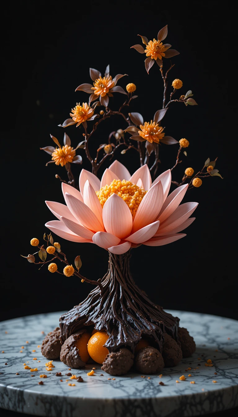 Sobremesa biomórfica comestível em estilo ikebana com detalhes de lótus e cítricos