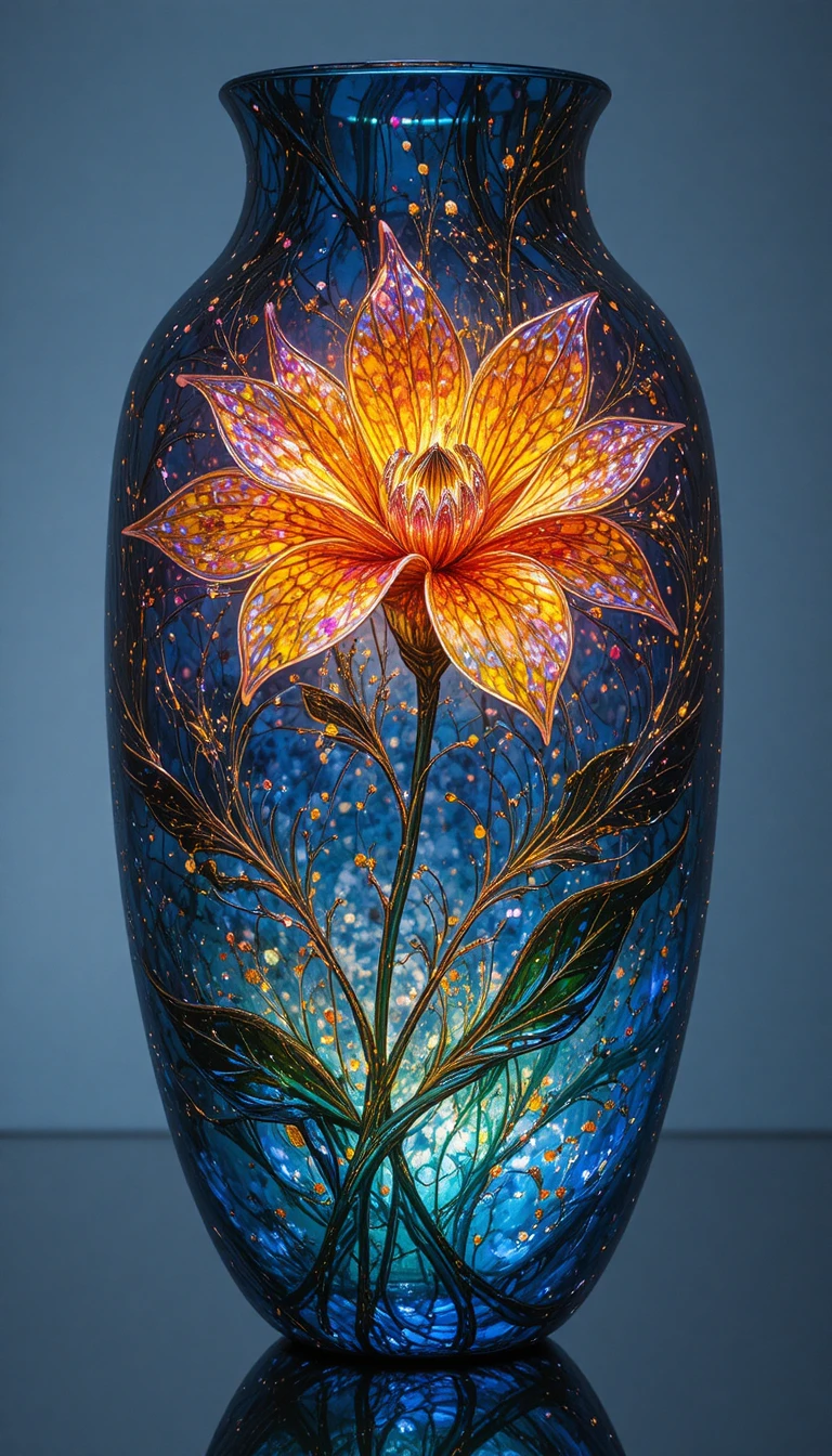 Vaso de arte fluida brilhante com uma única flor delicada