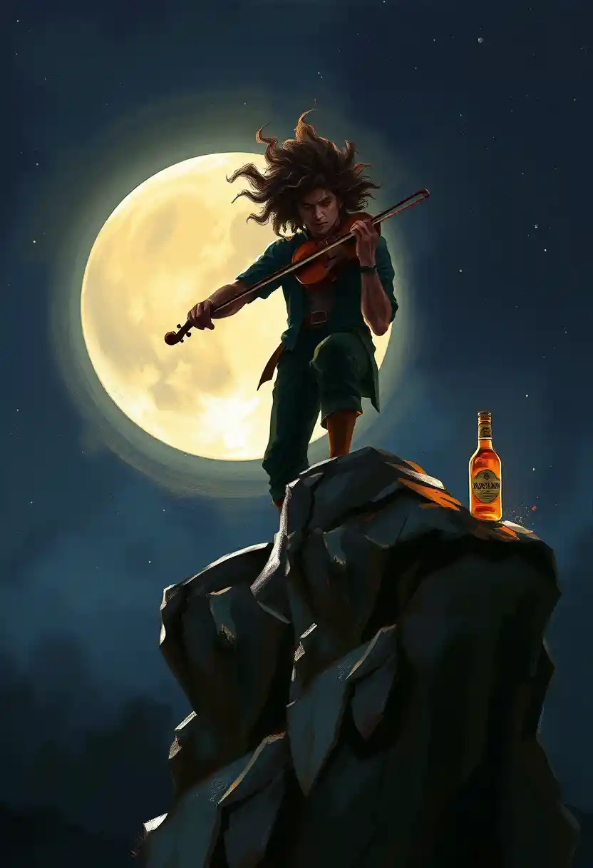 Uomo solitario che suona il violino sotto una luna piena luminosa
