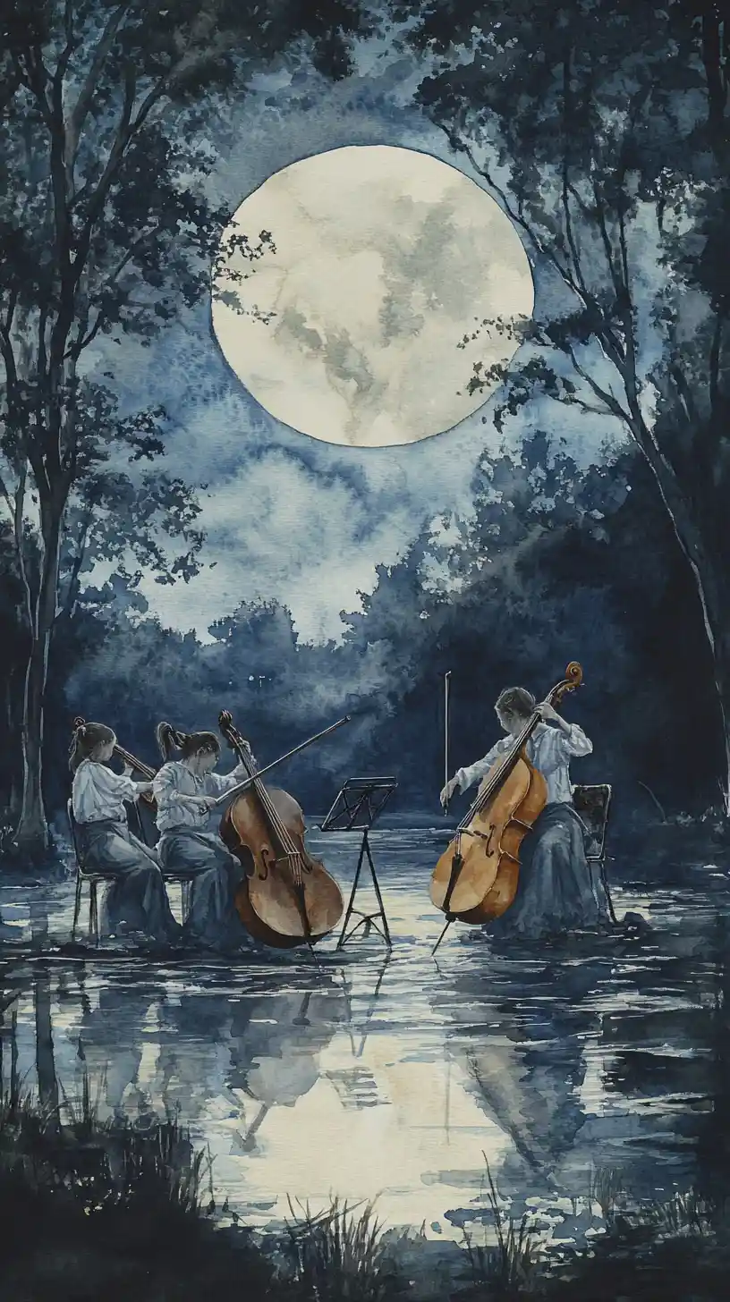 Topolini ad acquerello che suonano musica su ninfee al chiaro di luna
