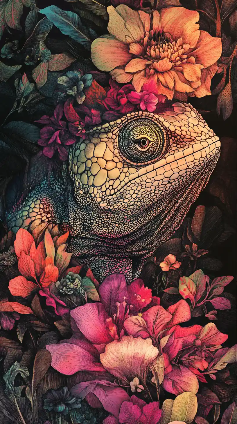 Visage de caméléon à l’encre florale formé de délicats pétales en fleurs