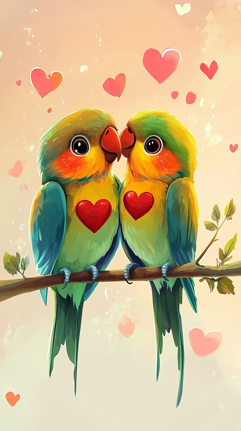 Due adorabili pappagalli cartoon circondati da cuori fluttuanti