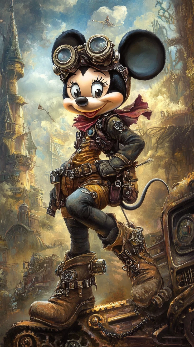 Personagem de rato steampunk sombrio diante de ruínas de um castelo antigo