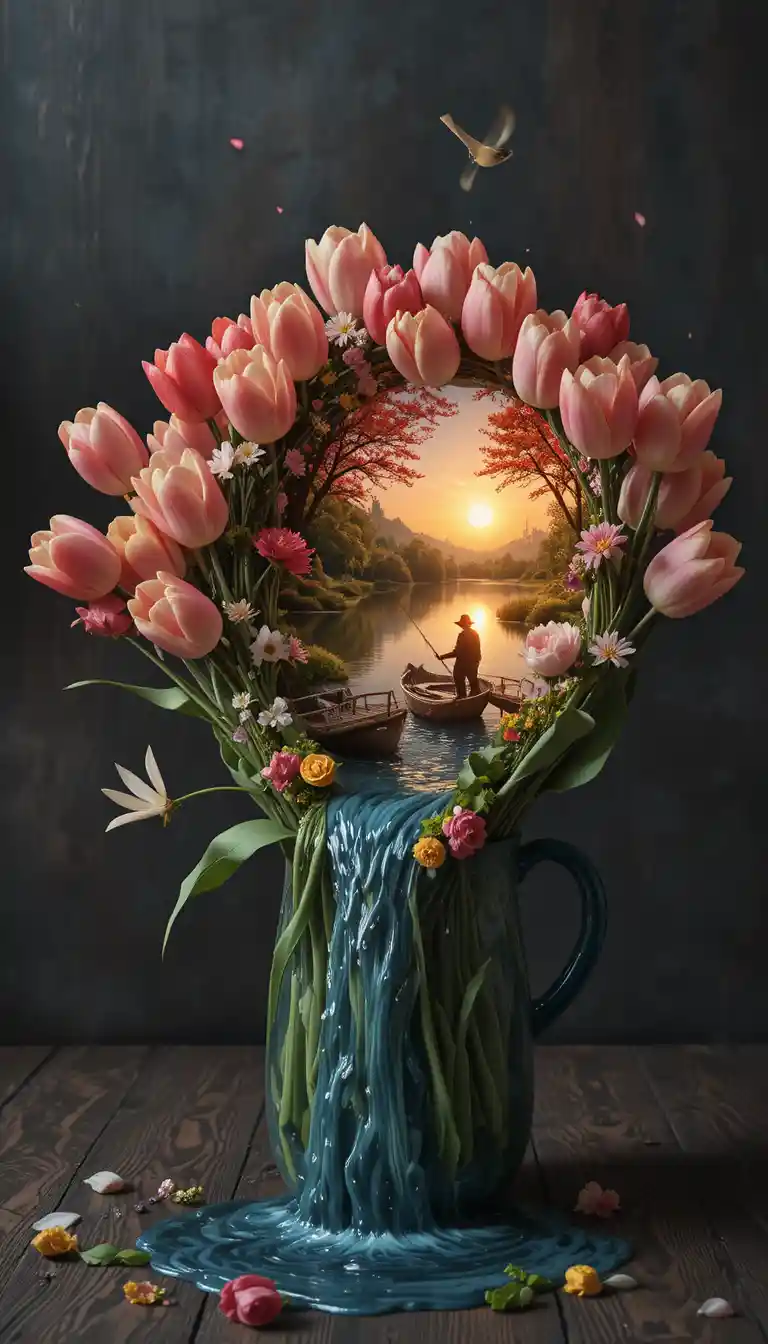 Surrealer Tulpenstrauß, der in einen winzigen 3D-See fließt