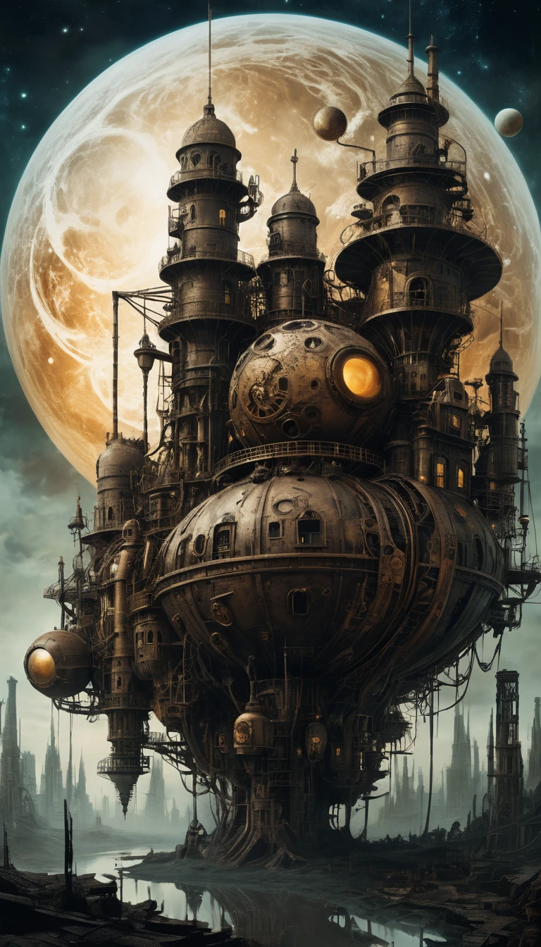 Città steampunk distopica sotto cieli celesti deformati