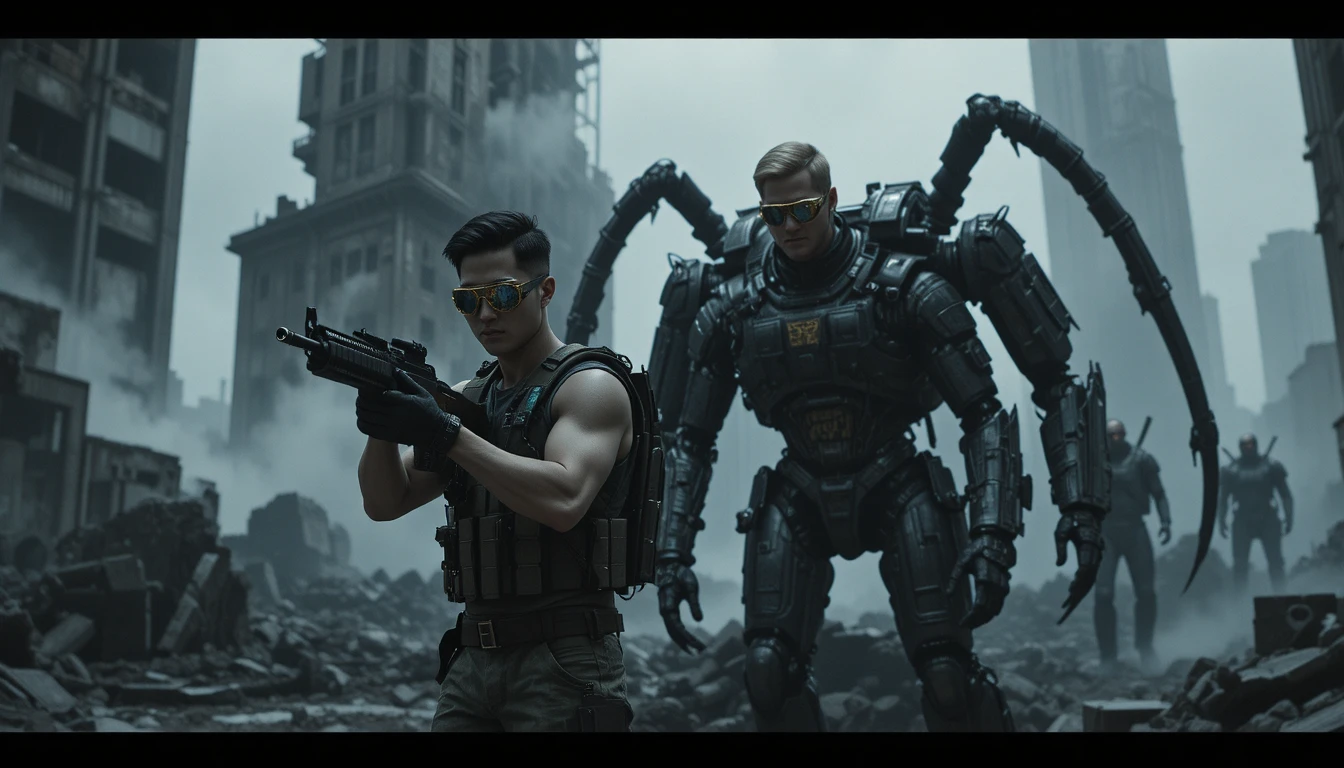 廃墟で武装兵士とロボットスパイダー、立ちこめる霧