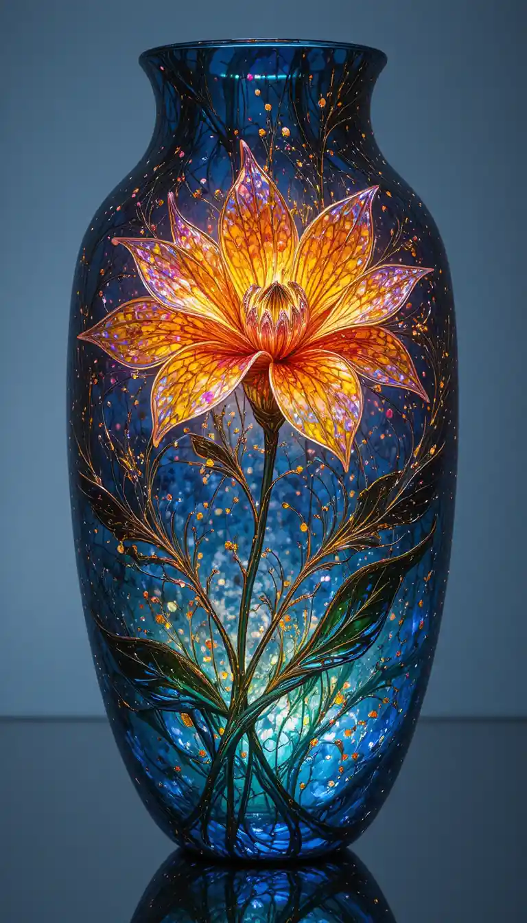 Vaso de arte fluida brilhante com uma única flor delicada