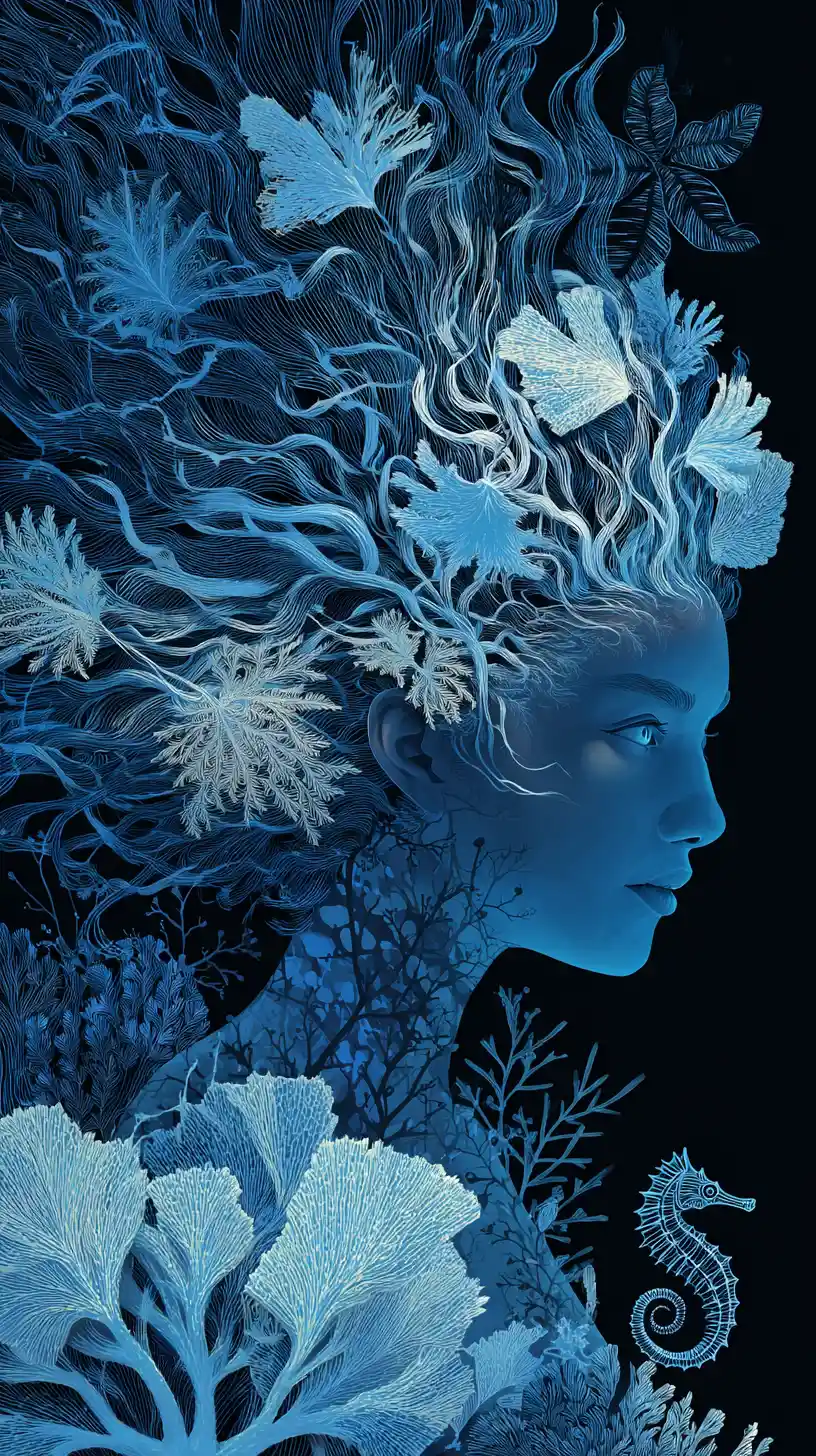Donna surreale che si fonde con flora subacquea luminosa